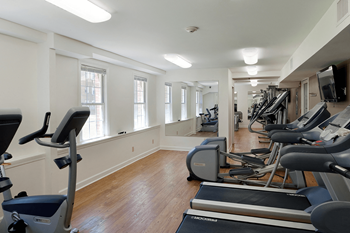 a gym with rows of exercise equipment and windows